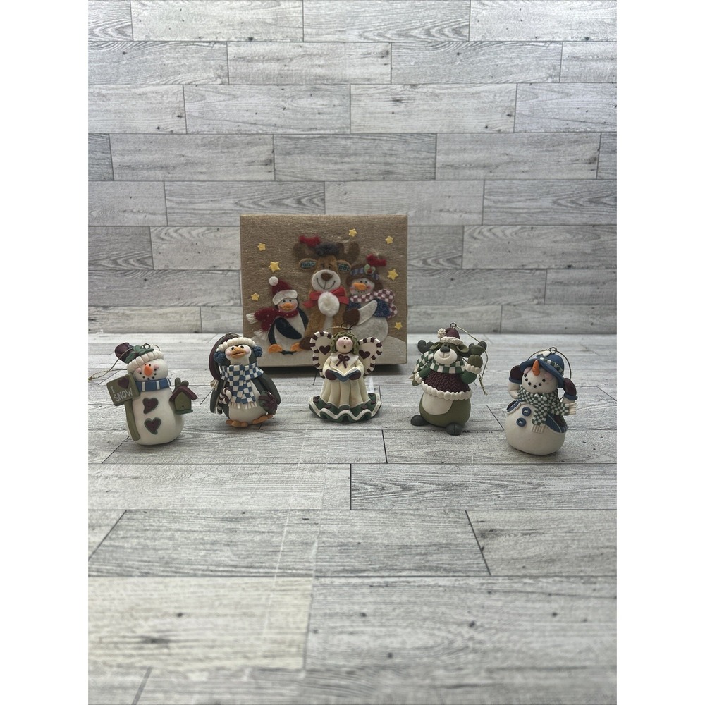 5 Vintage Handmade Polymer Clay‎ Christmas Ornaments & Decorative Box